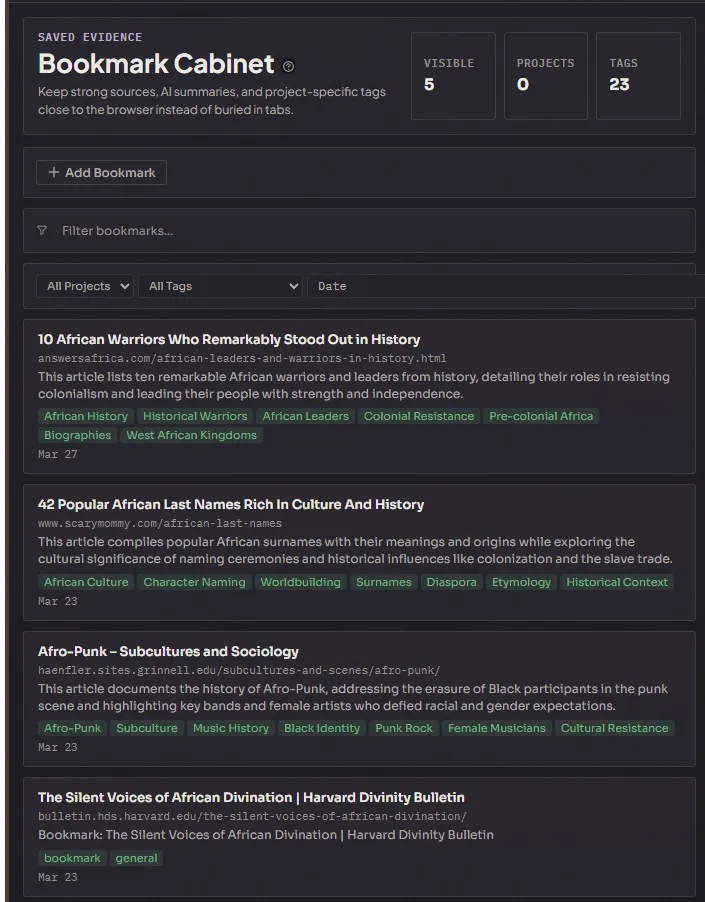 Bookmarks dashboard showing saved pages with summaries and tags