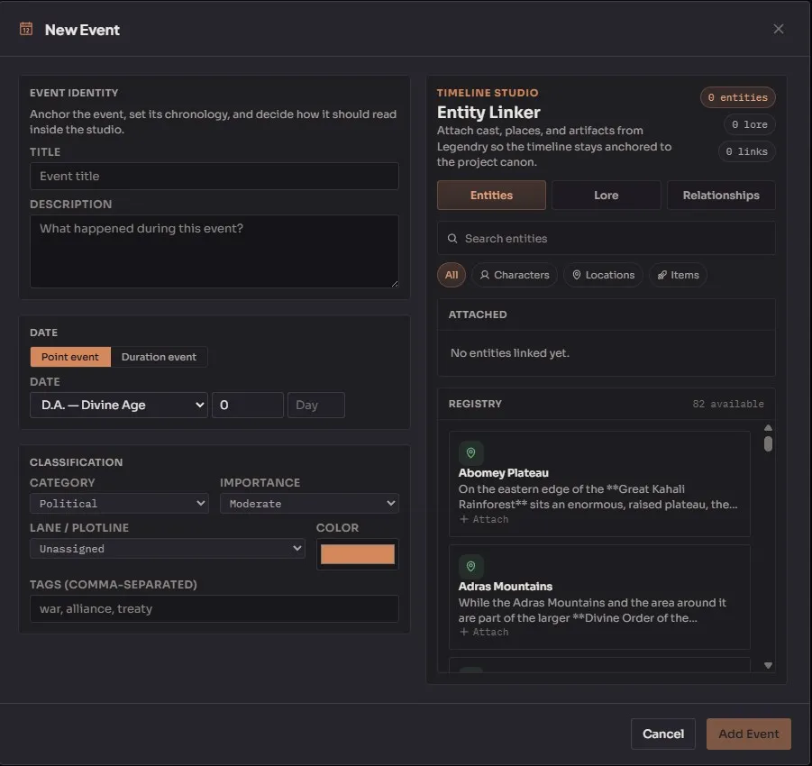 Creating a new timeline event with date, category, and importance
