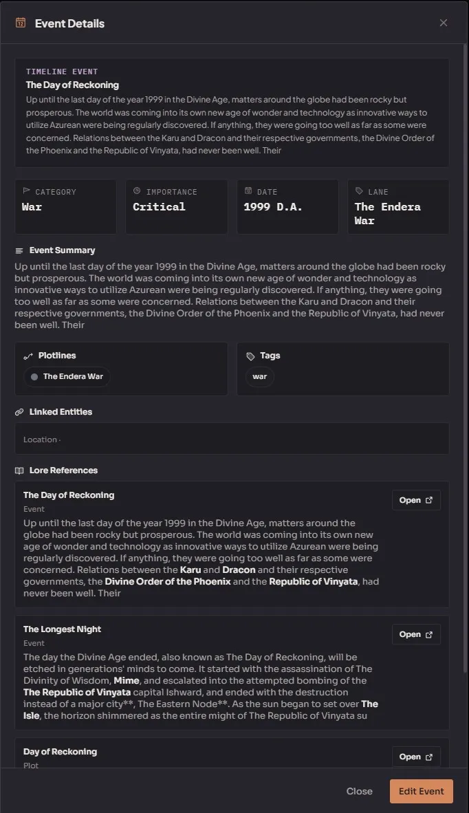 Timeline events list showing event cards with dates, categories, and descriptions